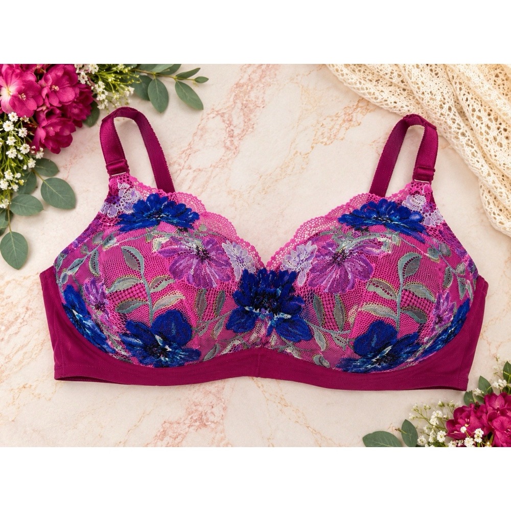 Torrid Bra 42D Pink Blue Purple Floral Lace Wireless Full Coverage #feelthefit